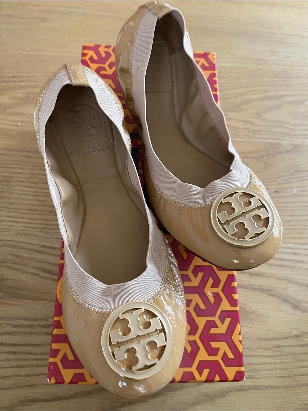 Tory Burch Nude Patent Logo Ballet Flats
